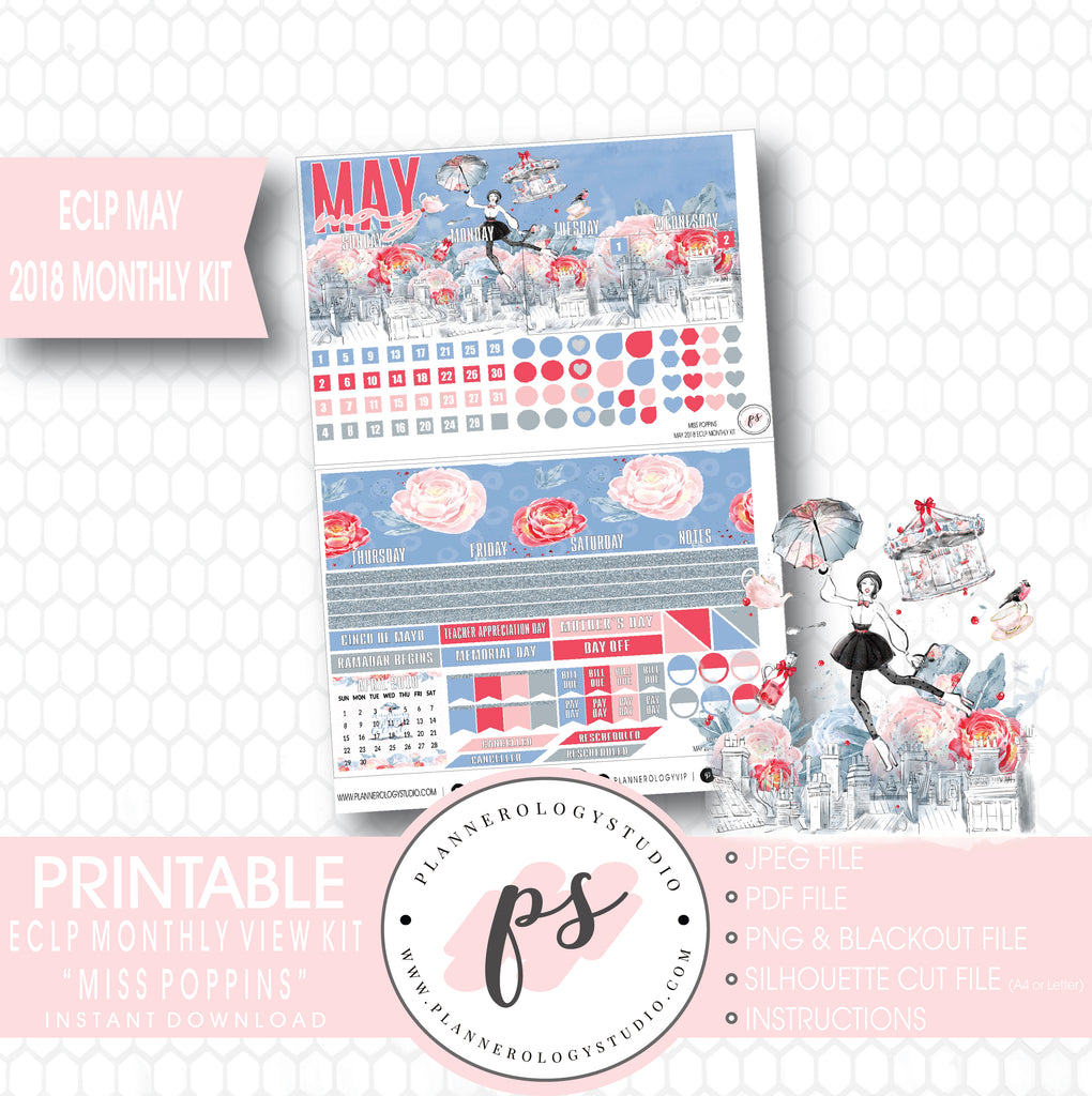Miss Poppins (Mary Poppins) May 2018 Monthly View Kit Digital Printable Planner Stickers (for use with Erin Condren) - Plannerologystudio