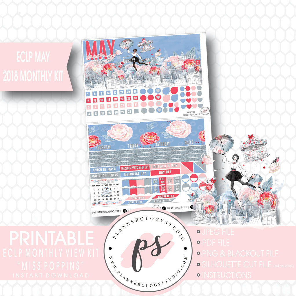 Miss Poppins (Mary Poppins) May 2018 Monthly View Kit Digital Printable Planner Stickers (for use with Erin Condren) - Plannerologystudio