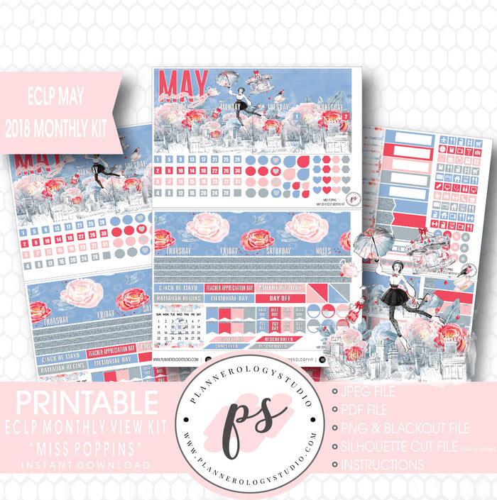 Miss Poppins (Mary Poppins) May 2018 Monthly View Kit Digital Printable Planner Stickers (for use with Erin Condren) - Plannerologystudio