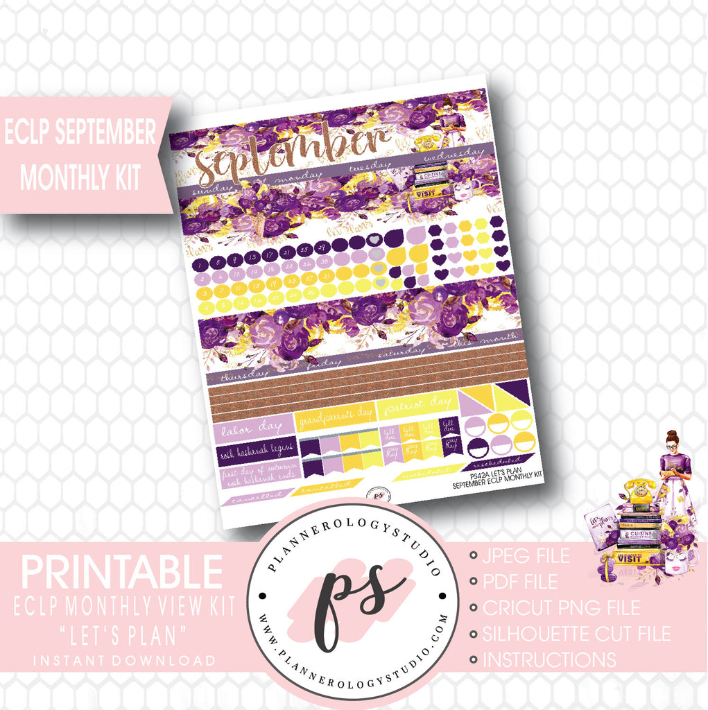 "Let's Plan" September 2017 Monthly View Kit Printable Planner Stickers (for use with ECLP) - Plannerologystudio