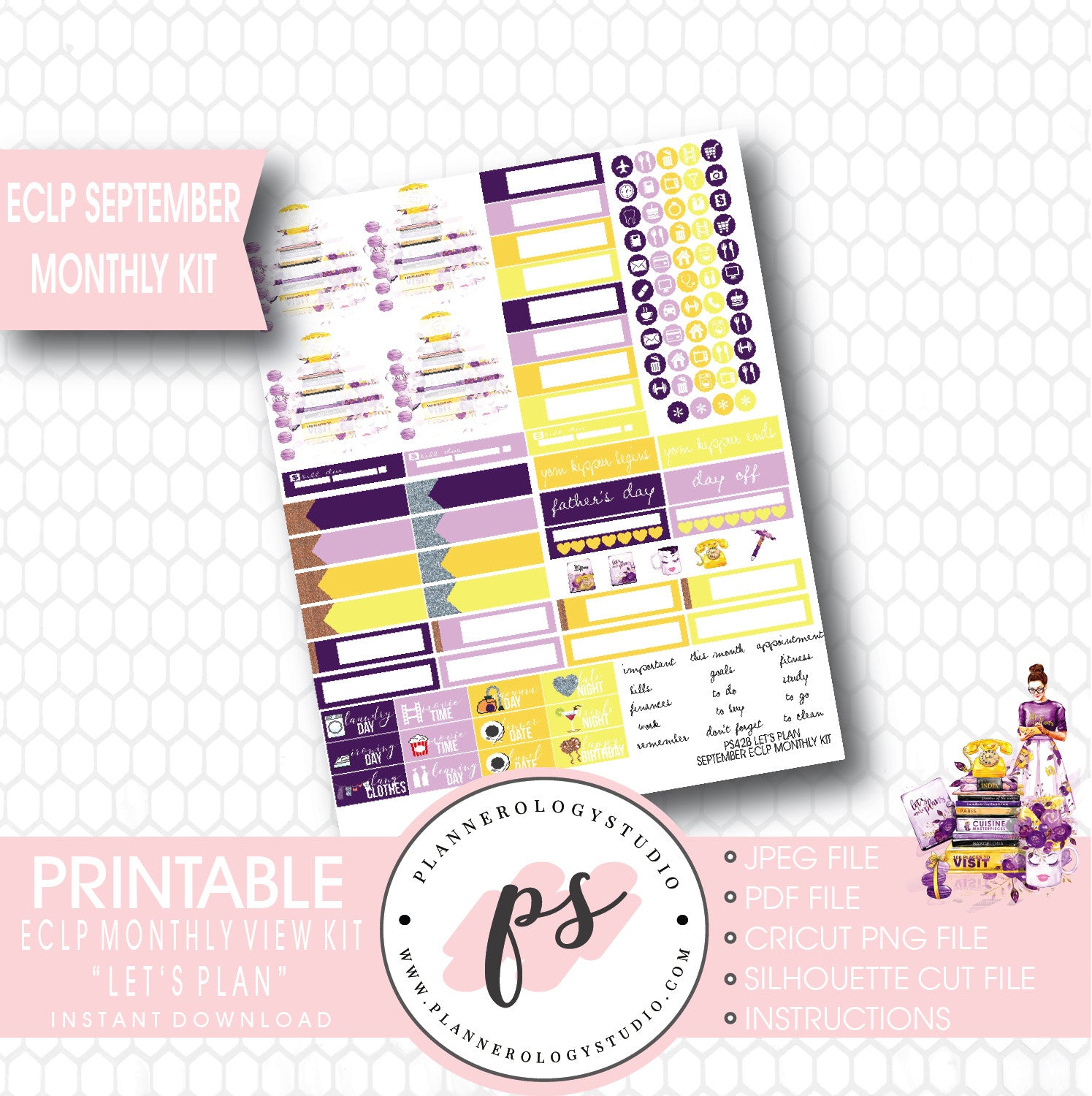 "Let's Plan" September 2017 Monthly View Kit Printable Planner Stickers (for use with ECLP) - Plannerologystudio