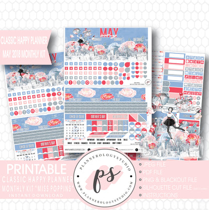 Miss Poppins (Mary Poppins) May 2018 Monthly View Kit Digital Printable Planner Stickers (for use with Classic Happy Planner) - Plannerologystudio