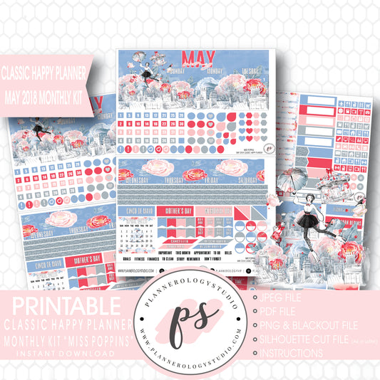 Miss Poppins (Mary Poppins) May 2018 Monthly View Kit Digital Printable Planner Stickers (for use with Classic Happy Planner) - Plannerologystudio