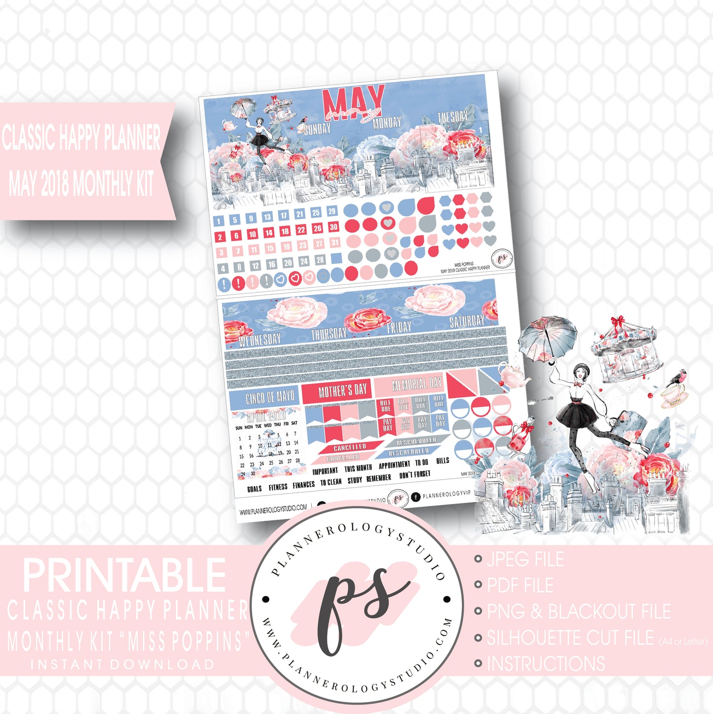 Miss Poppins (Mary Poppins) May 2018 Monthly View Kit Digital Printable Planner Stickers (for use with Classic Happy Planner) - Plannerologystudio