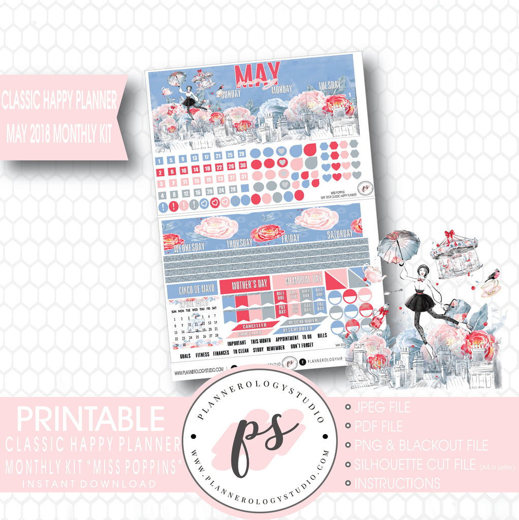 Miss Poppins (Mary Poppins) May 2018 Monthly View Kit Digital Printable Planner Stickers (for use with Classic Happy Planner) - Plannerologystudio