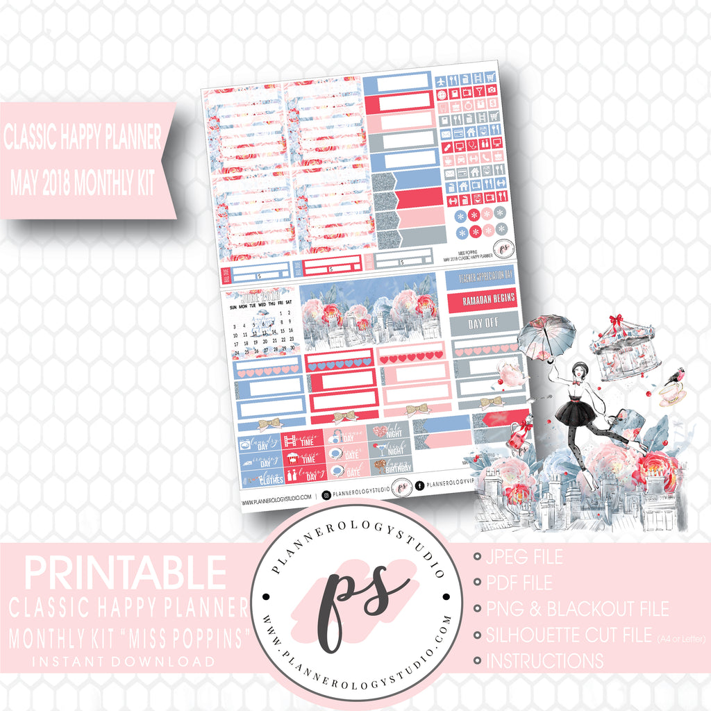 Miss Poppins (Mary Poppins) May 2018 Monthly View Kit Digital Printable Planner Stickers (for use with Classic Happy Planner) - Plannerologystudio