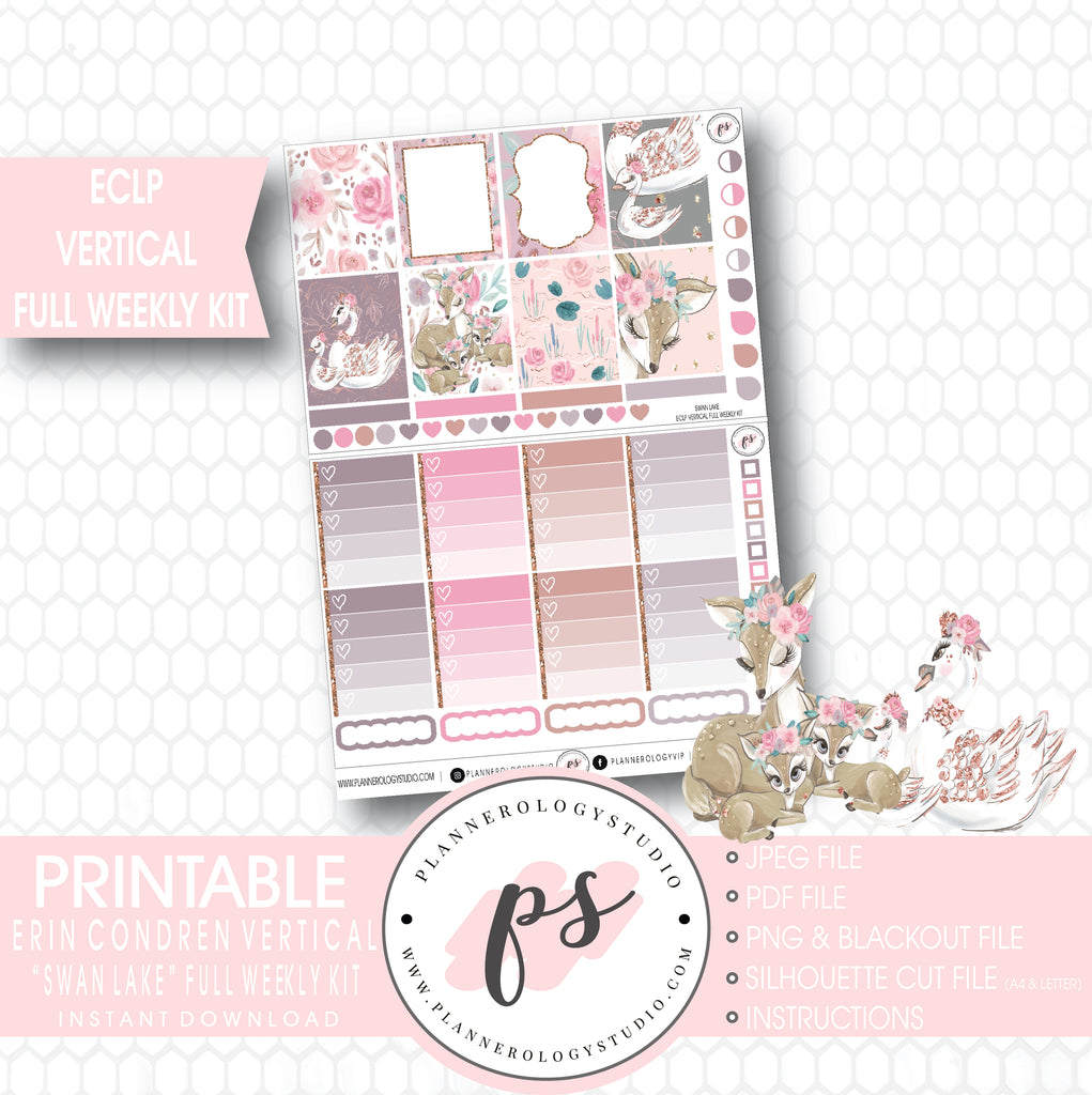Swan Lake Mother's Day Full Weekly Kit Printable Planner Stickers (for use with ECLP Vertical) - Plannerologystudio