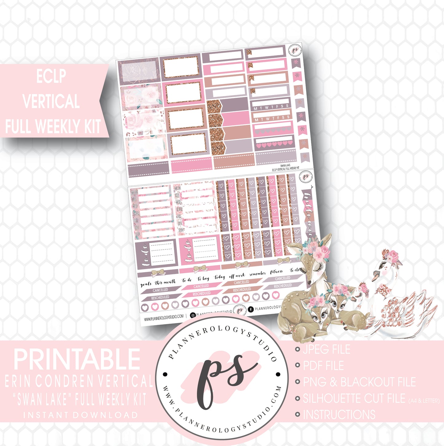 Swan Lake Mother's Day Full Weekly Kit Printable Planner Stickers (for use with ECLP Vertical) - Plannerologystudio