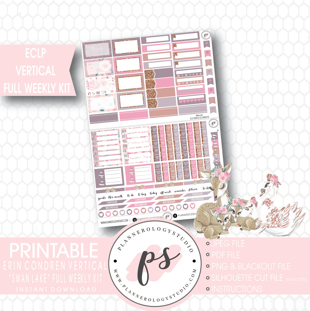 Swan Lake Mother's Day Full Weekly Kit Printable Planner Stickers (for use with ECLP Vertical) - Plannerologystudio