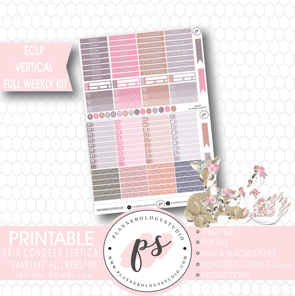 Swan Lake Mother's Day Full Weekly Kit Printable Planner Stickers (for use with ECLP Vertical) - Plannerologystudio