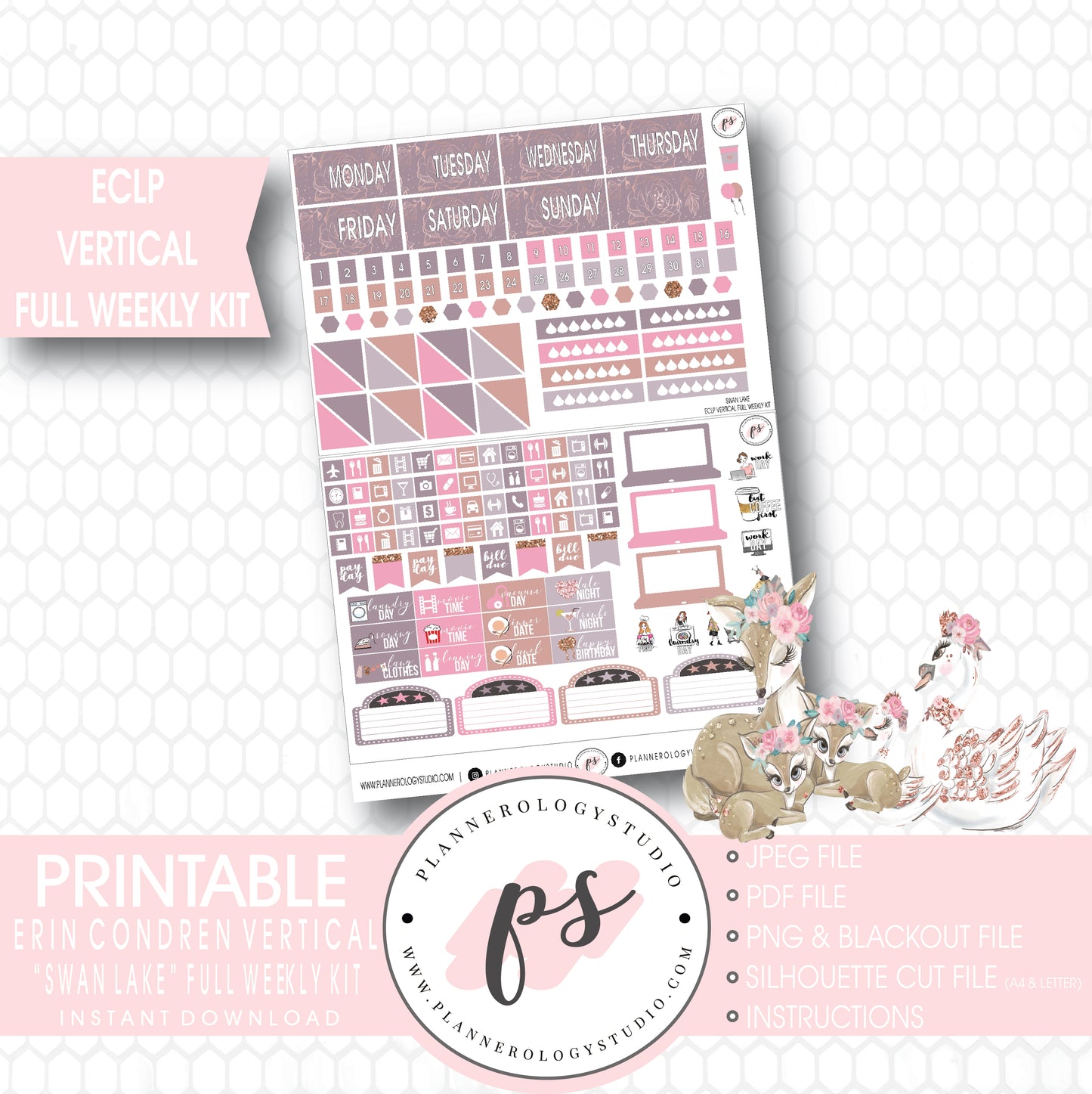 Swan Lake Mother's Day Full Weekly Kit Printable Planner Stickers (for use with ECLP Vertical) - Plannerologystudio