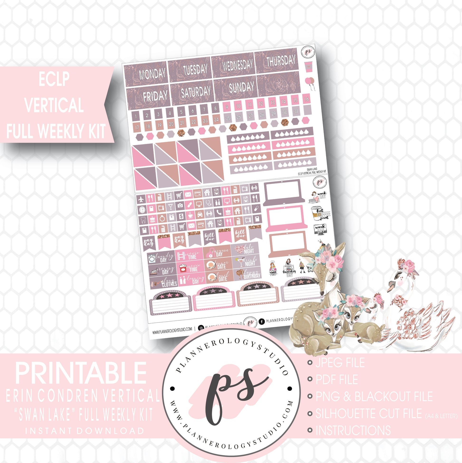 Swan Lake Mother's Day Full Weekly Kit Printable Planner Stickers (for use with ECLP Vertical) - Plannerologystudio