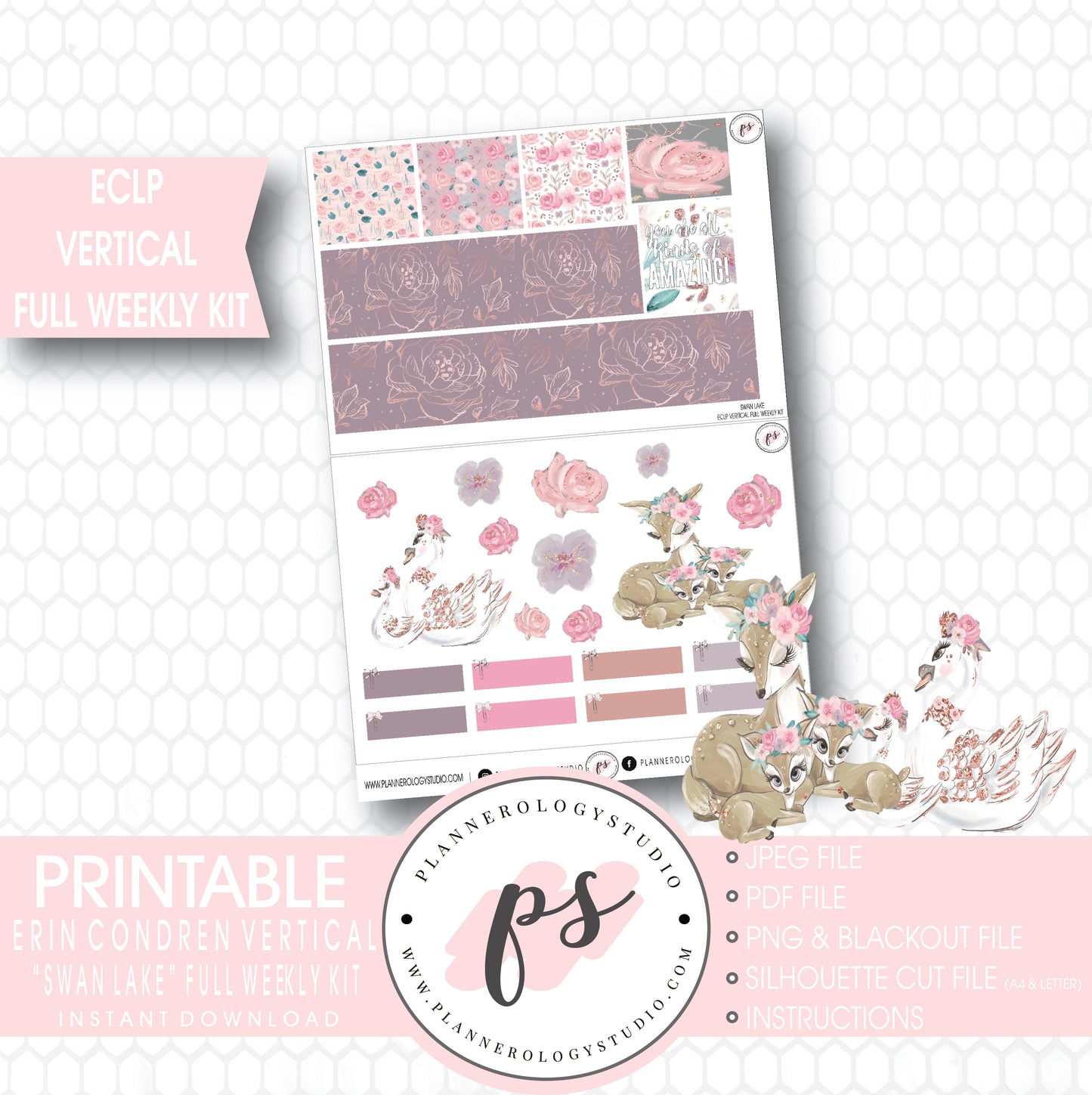 Swan Lake Mother's Day Full Weekly Kit Printable Planner Stickers (for use with ECLP Vertical) - Plannerologystudio