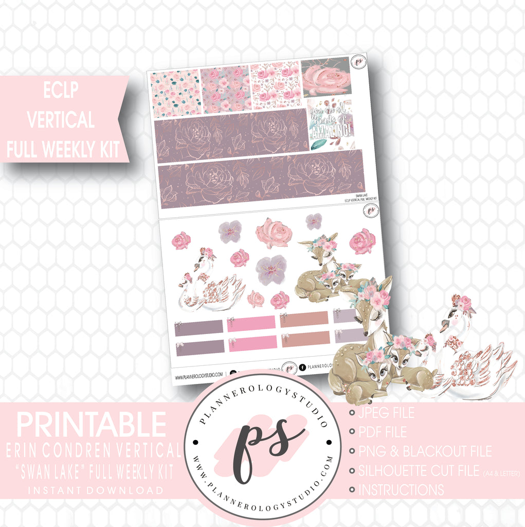 Swan Lake Mother's Day Full Weekly Kit Printable Planner Stickers (for use with ECLP Vertical) - Plannerologystudio