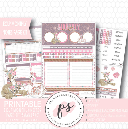 Swan Lake Monthly Notes Page Kit Digital Printable Planner Stickers (for use with ECLP) - Plannerologystudio