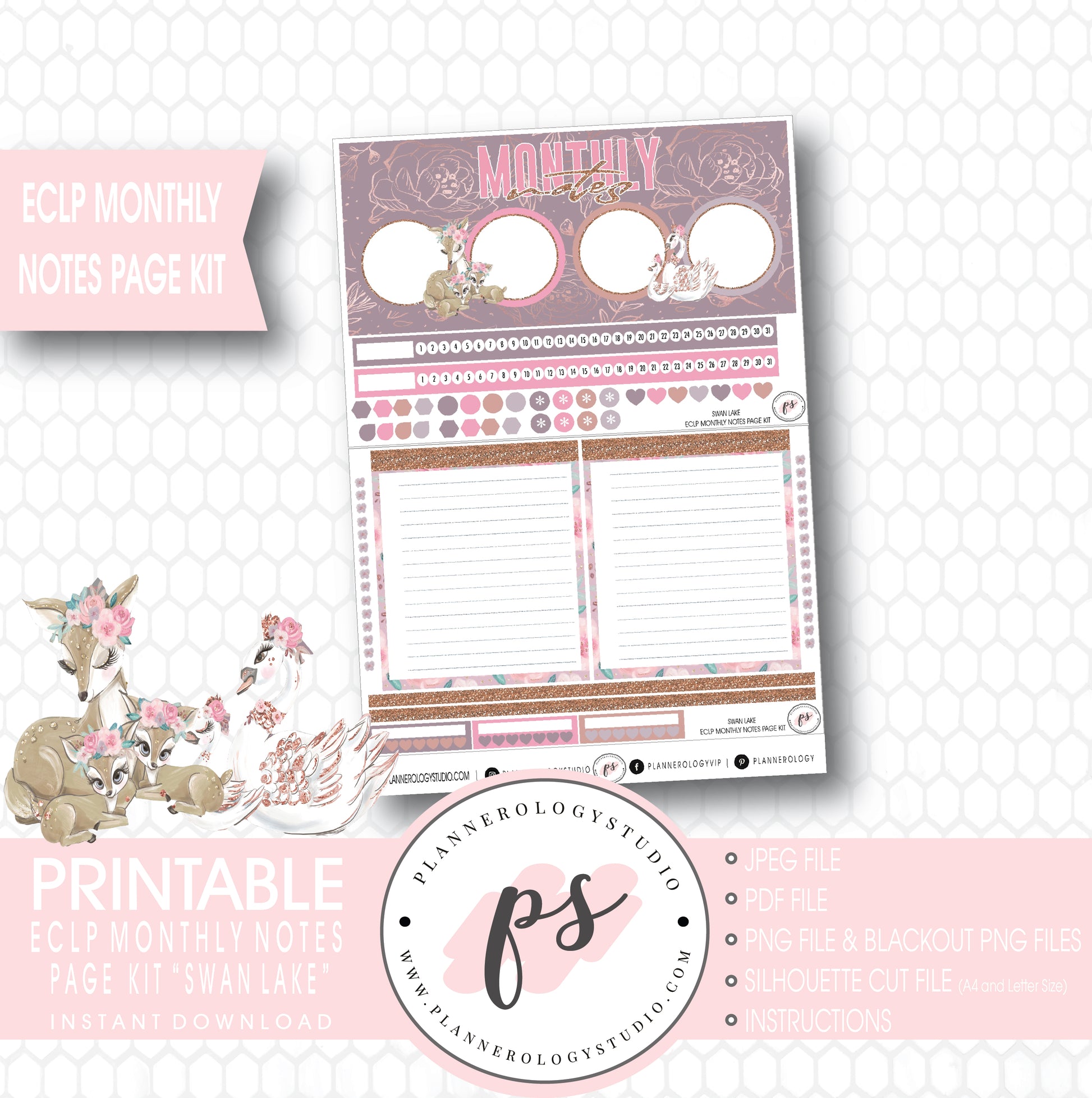 Swan Lake Monthly Notes Page Kit Digital Printable Planner Stickers (for use with ECLP) - Plannerologystudio