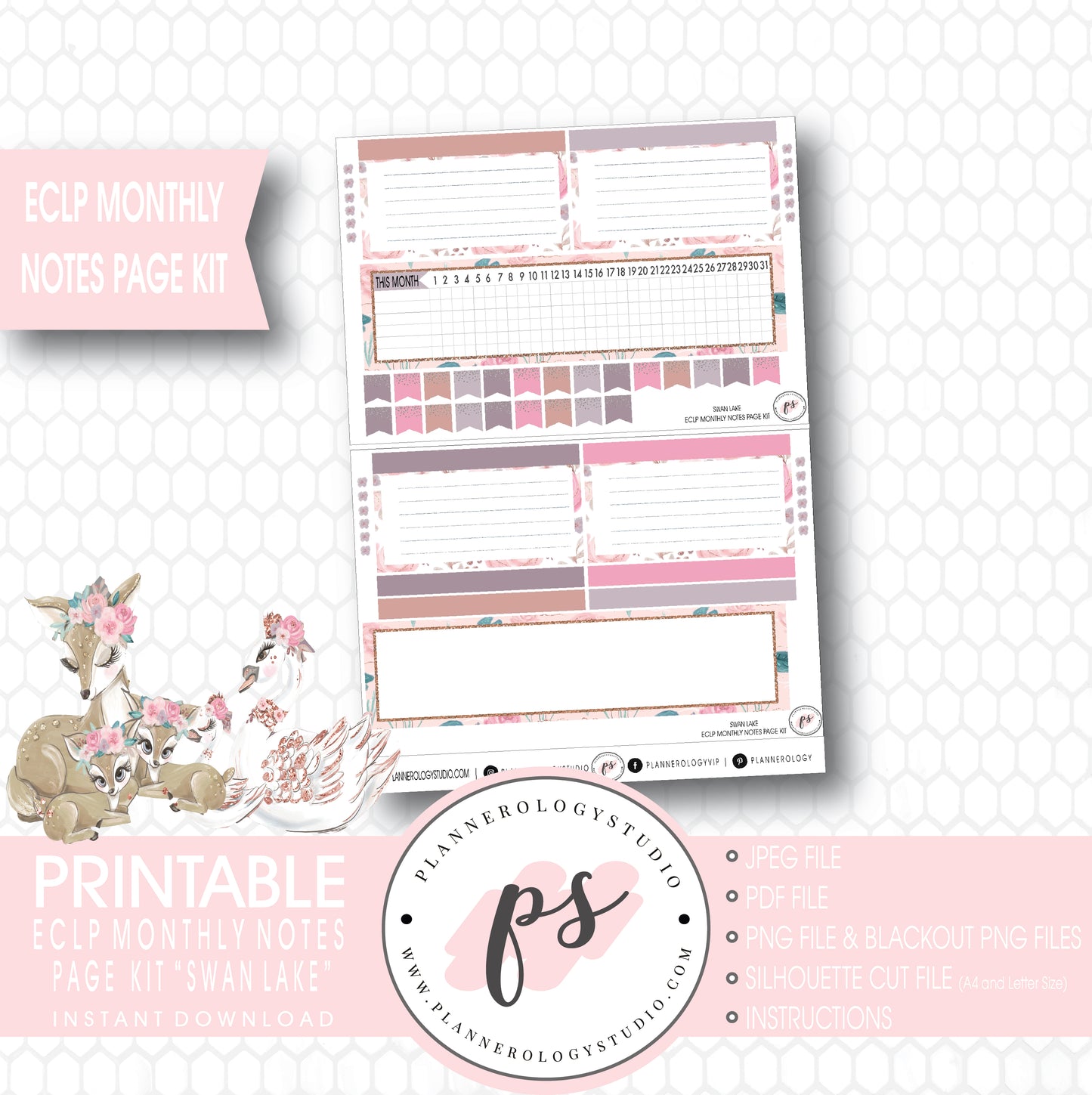 Swan Lake Monthly Notes Page Kit Digital Printable Planner Stickers (for use with ECLP) - Plannerologystudio