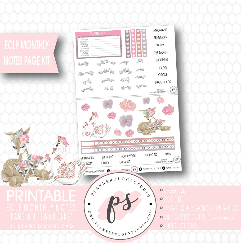 Swan Lake Monthly Notes Page Kit Digital Printable Planner Stickers (for use with ECLP) - Plannerologystudio