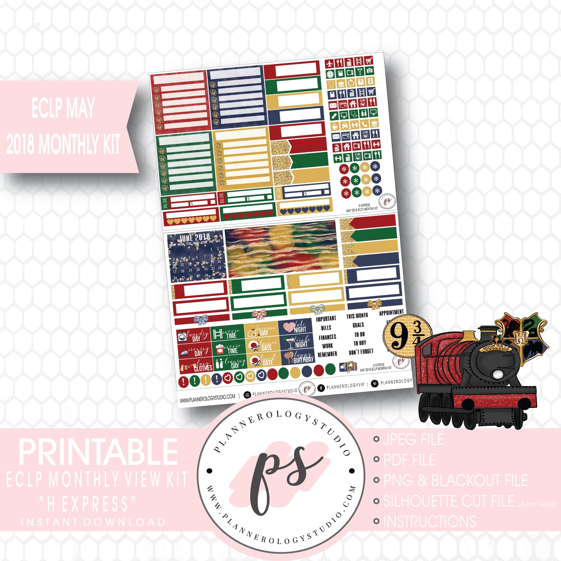 H Express (Harry Potter) May 2018 Monthly View Kit Digital Printable Planner Stickers (for use with Erin Condren) - Plannerologystudio