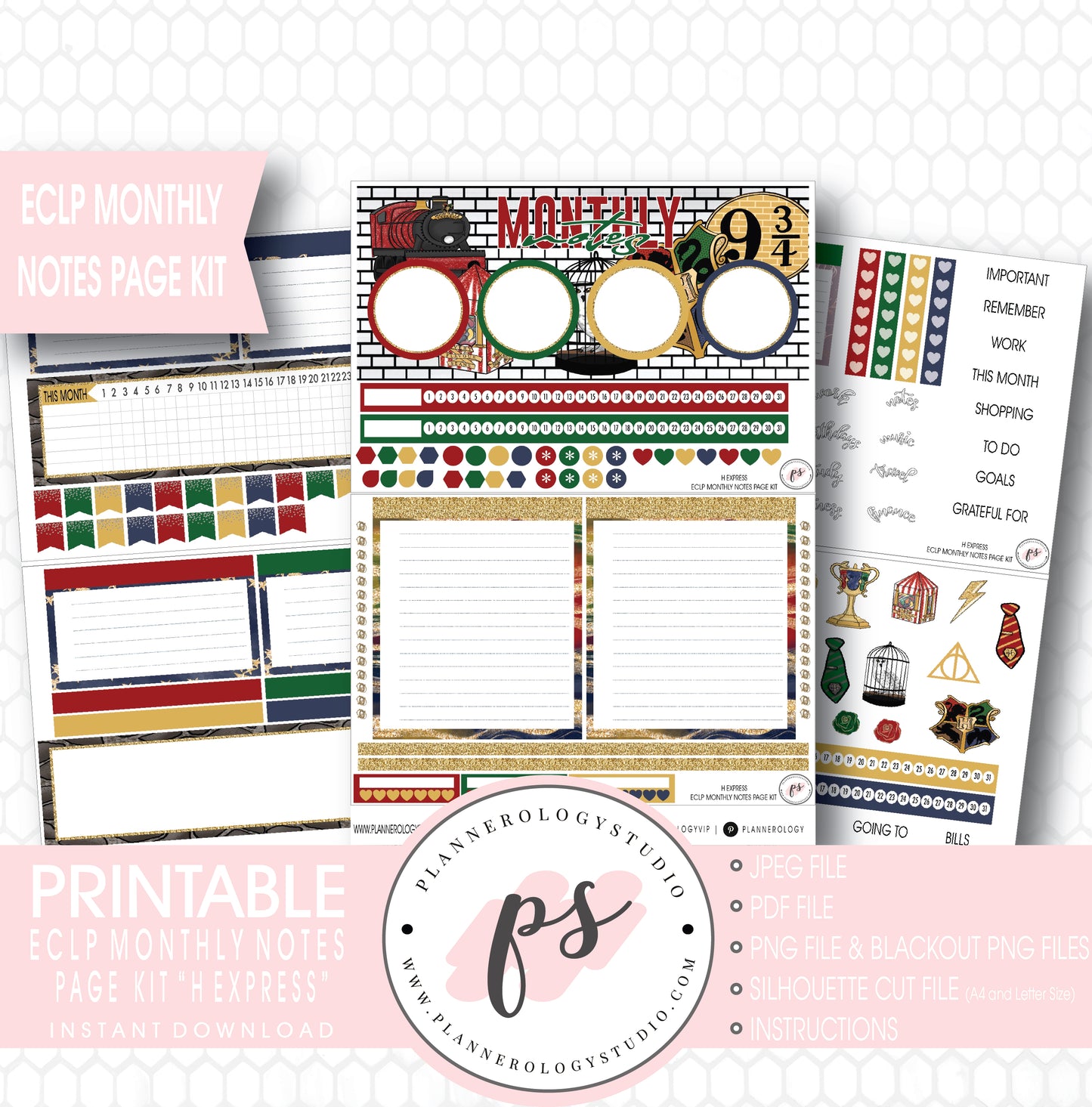 H Express (Harry Potter) Monthly Notes Page Kit Digital Printable Planner Stickers (for use with ECLP) - Plannerologystudio