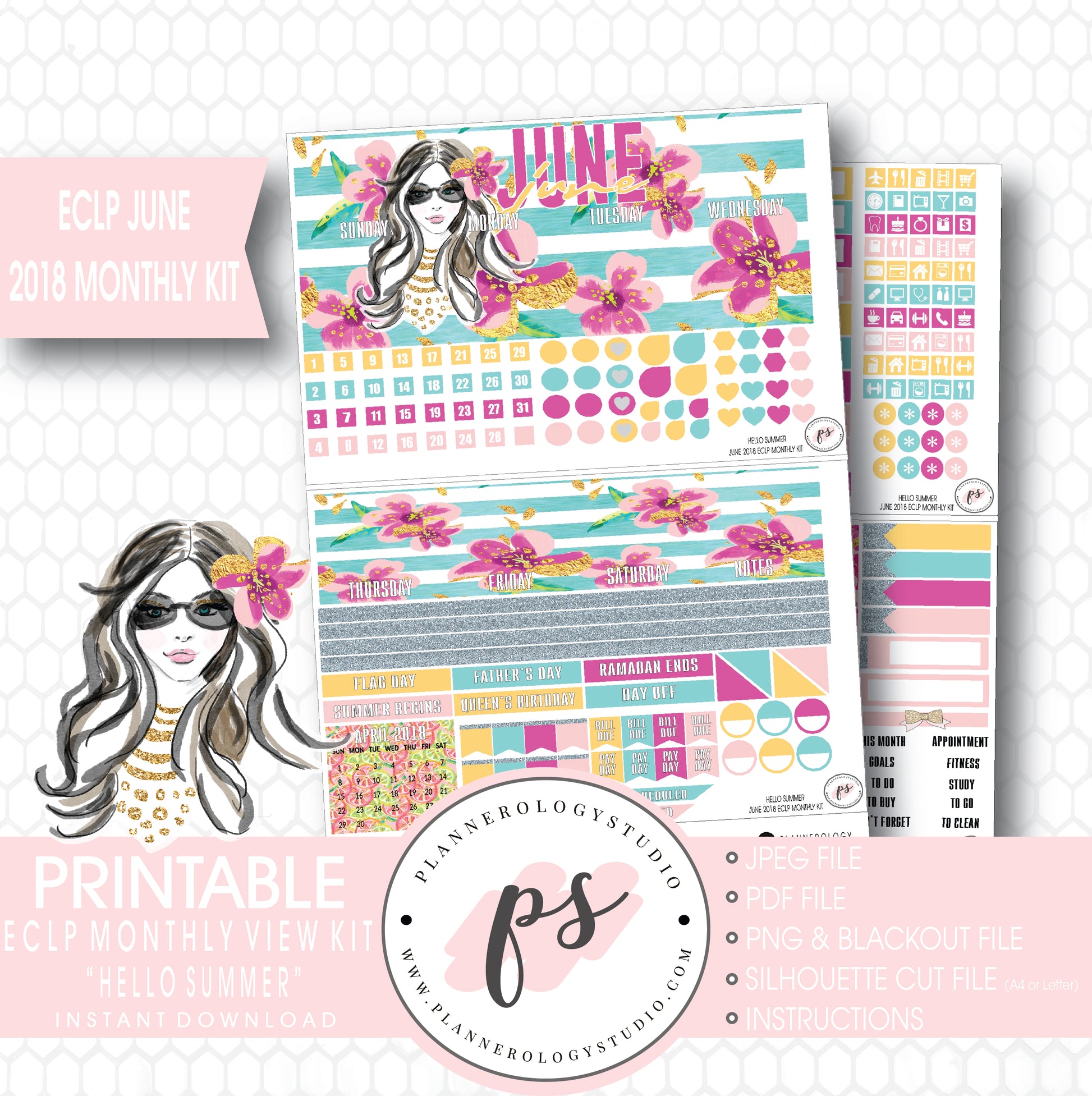 Hello Summer June 2018 Monthly View Kit Digital Printable Planner Stickers (for use with Erin Condren) - Plannerologystudio
