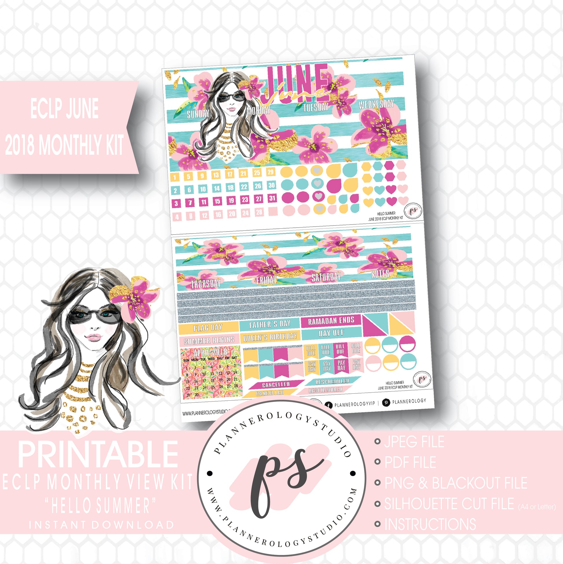 Hello Summer June 2018 Monthly View Kit Digital Printable Planner Stickers (for use with Erin Condren) - Plannerologystudio