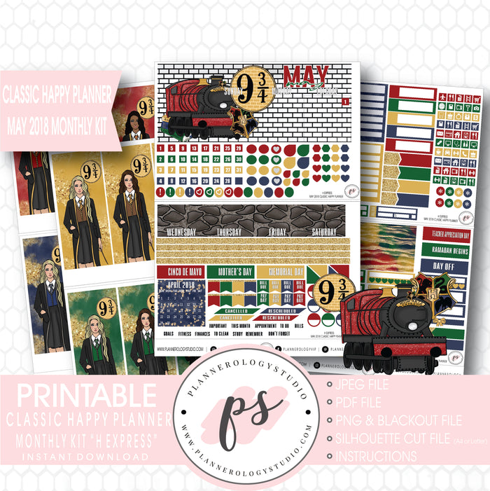 H Express (Harry Potter) May 2018 Monthly View Kit Digital Printable Planner Stickers (for use with Classic Happy Planner) - Plannerologystudio