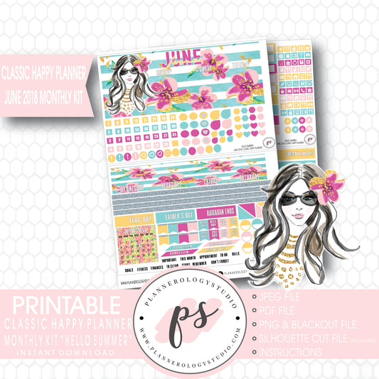 Hello Summer June 2018 Monthly View Kit Digital Printable Planner Stickers (for use with Classic Happy Planner) - Plannerologystudio