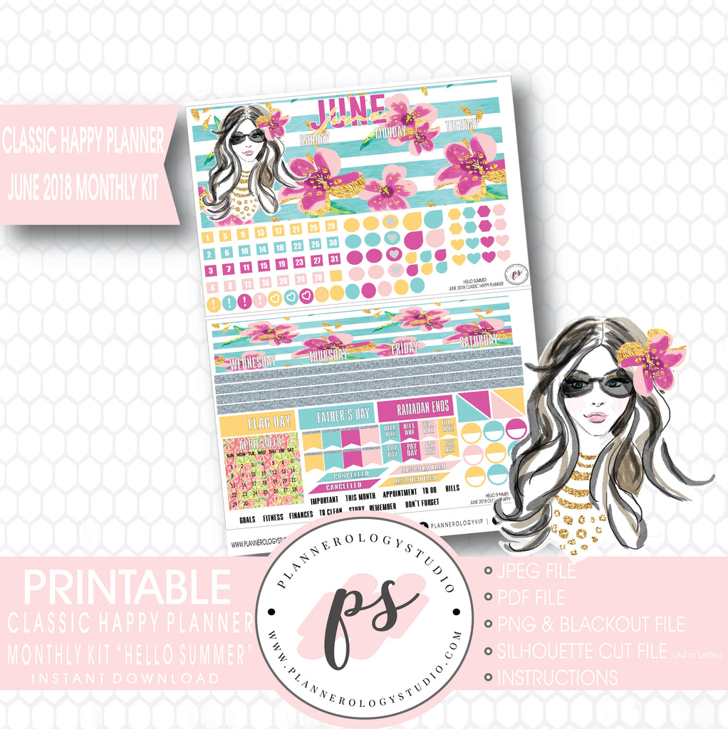 Hello Summer June 2018 Monthly View Kit Digital Printable Planner Stickers (for use with Classic Happy Planner) - Plannerologystudio