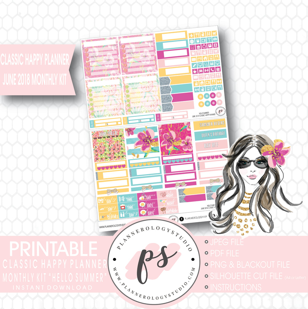 Hello Summer June 2018 Monthly View Kit Digital Printable Planner Stickers (for use with Classic Happy Planner) - Plannerologystudio