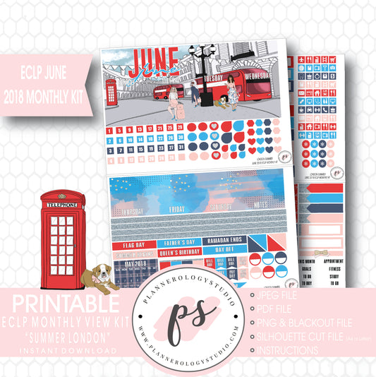London Summer June 2018 Monthly View Kit Digital Printable Planner Stickers (for use with Erin Condren) - Plannerologystudio