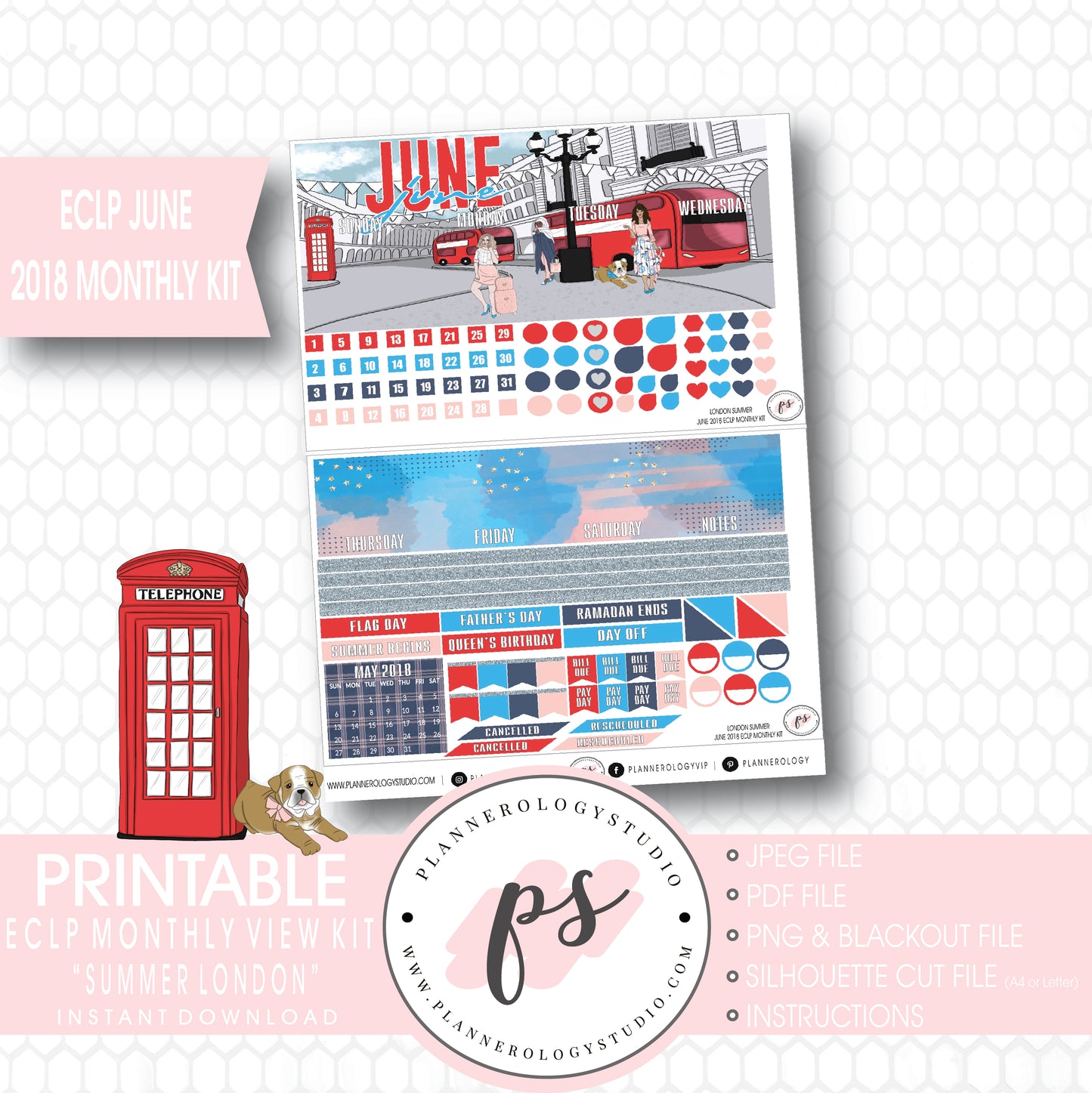 London Summer June 2018 Monthly View Kit Digital Printable Planner Stickers (for use with Erin Condren) - Plannerologystudio