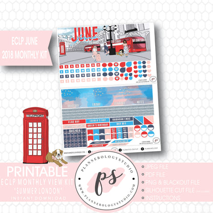 London Summer June 2018 Monthly View Kit Digital Printable Planner Stickers (for use with Erin Condren) - Plannerologystudio