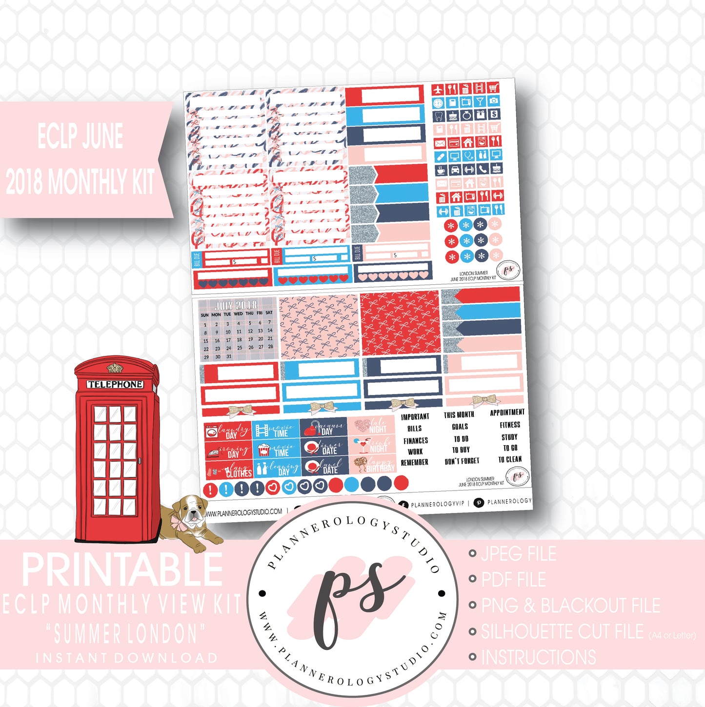 London Summer June 2018 Monthly View Kit Digital Printable Planner Stickers (for use with Erin Condren) - Plannerologystudio