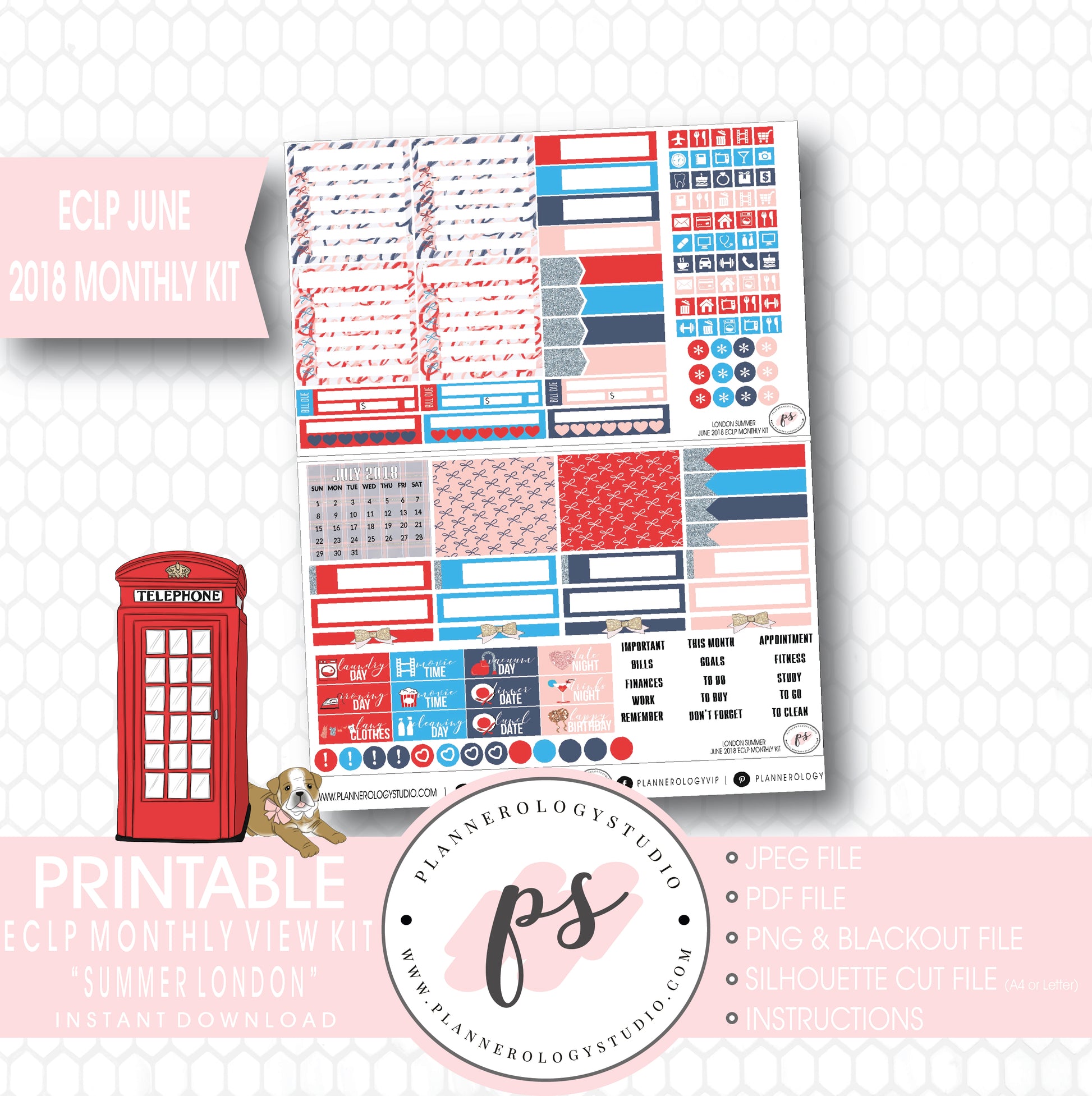 London Summer June 2018 Monthly View Kit Digital Printable Planner Stickers (for use with Erin Condren) - Plannerologystudio