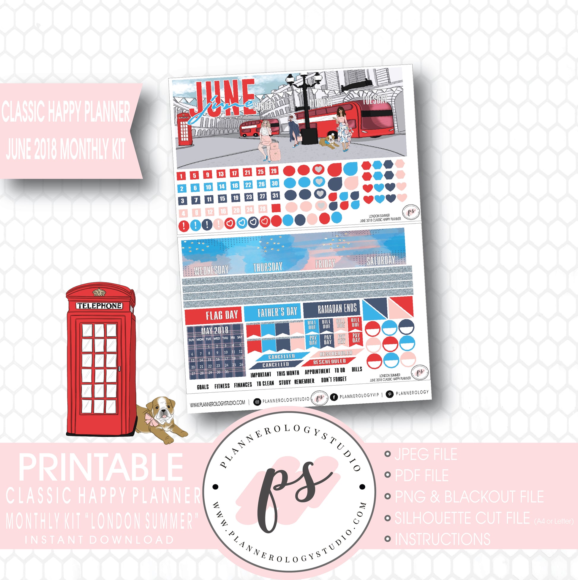 London Summer June 2018 Monthly View Kit Digital Printable Planner Stickers (for use with Classic Happy Planner) - Plannerologystudio