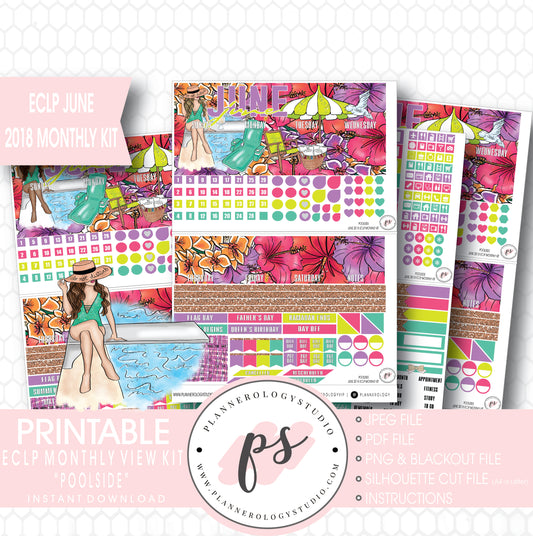 Poolside Summer June 2018 Monthly View Kit Digital Printable Planner Stickers (for use with Erin Condren) - Plannerologystudio