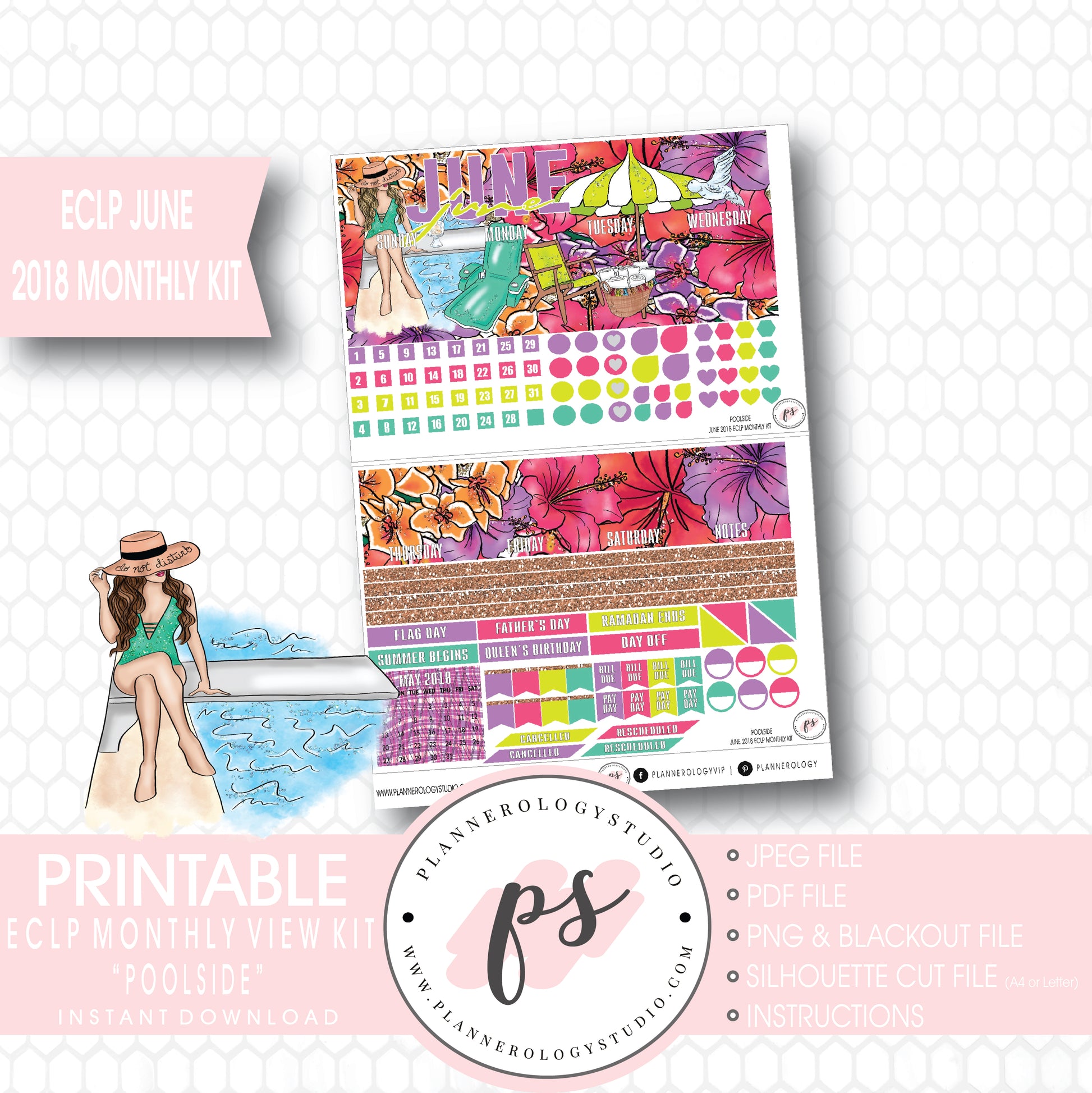 Poolside Summer June 2018 Monthly View Kit Digital Printable Planner Stickers (for use with Erin Condren) - Plannerologystudio