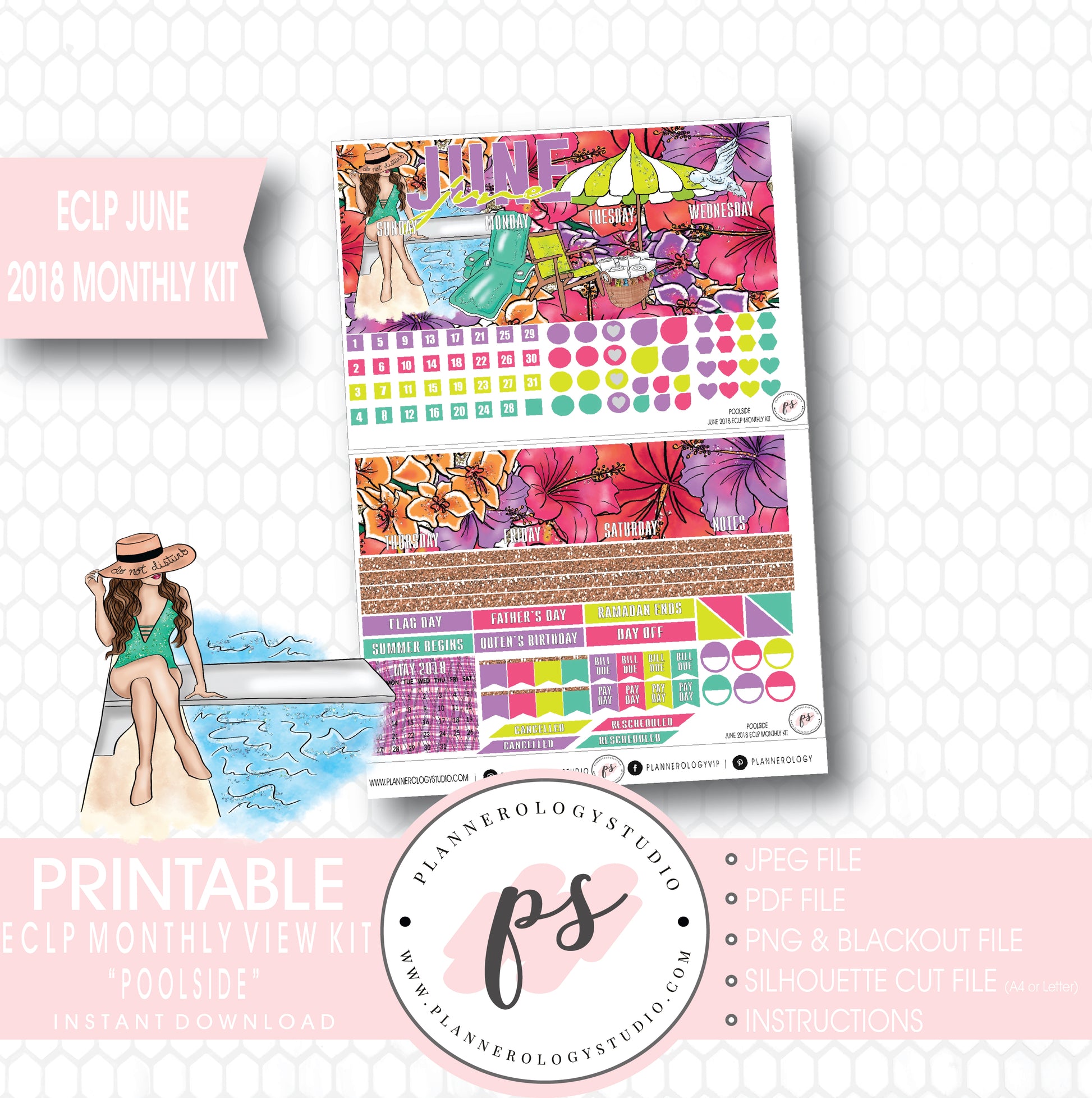 Poolside Summer June 2018 Monthly View Kit Digital Printable Planner Stickers (for use with Erin Condren) - Plannerologystudio
