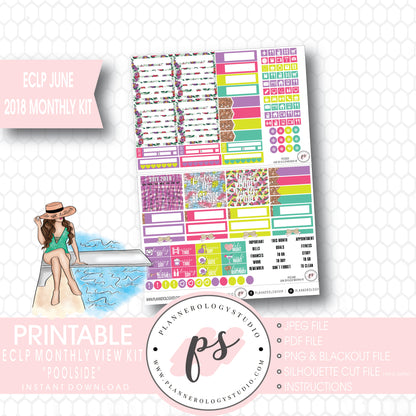 Poolside Summer June 2018 Monthly View Kit Digital Printable Planner Stickers (for use with Erin Condren) - Plannerologystudio
