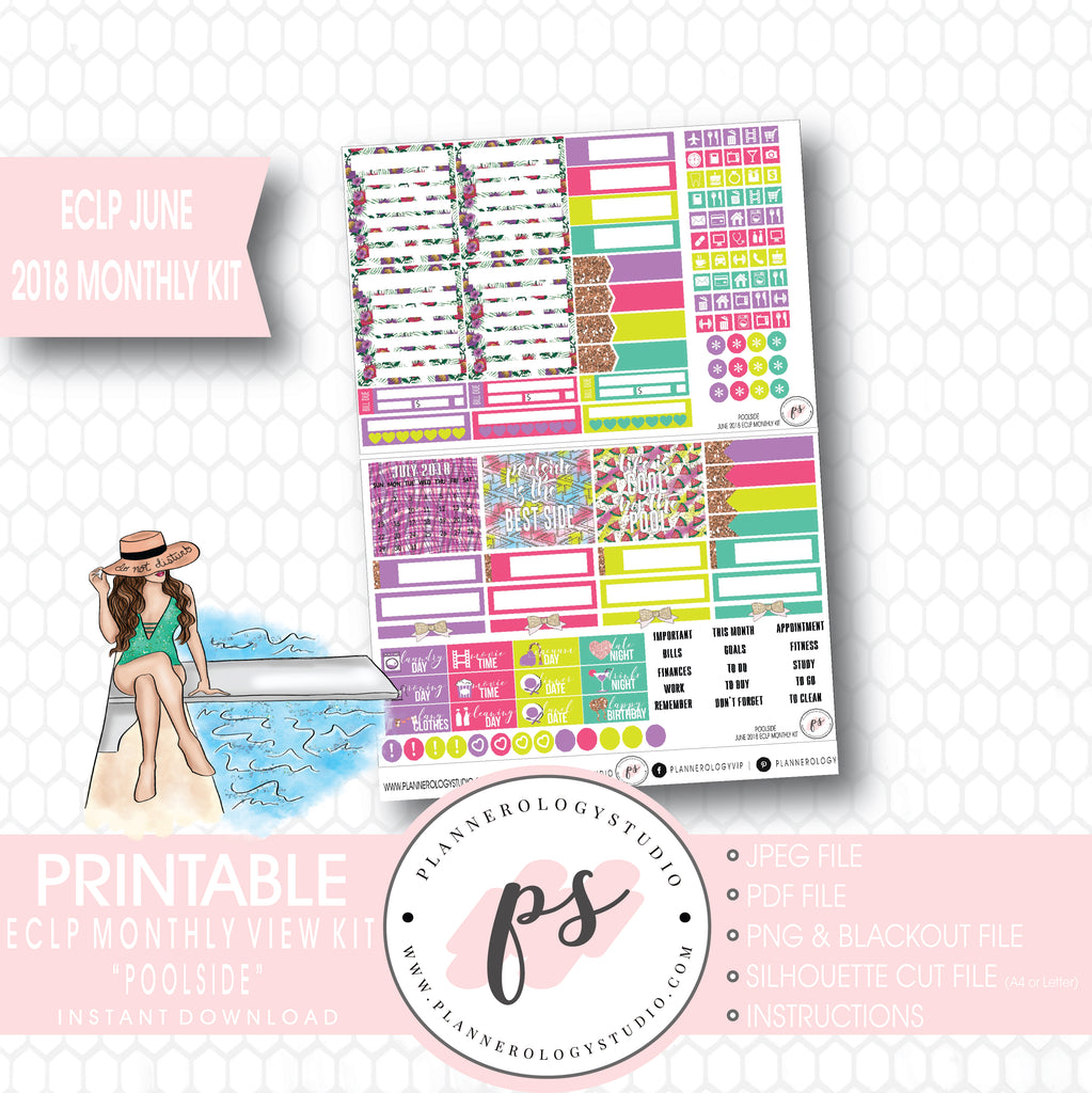 Poolside Summer June 2018 Monthly View Kit Digital Printable Planner Stickers (for use with Erin Condren) - Plannerologystudio