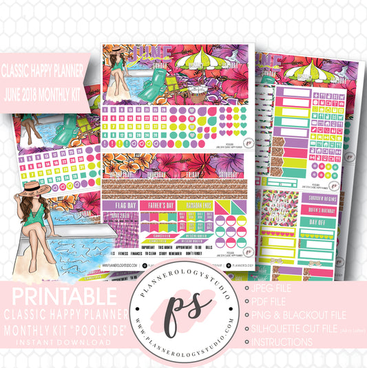 Poolside Summer June 2018 Monthly View Kit Digital Printable Planner Stickers (for use with Classic Happy Planner) - Plannerologystudio