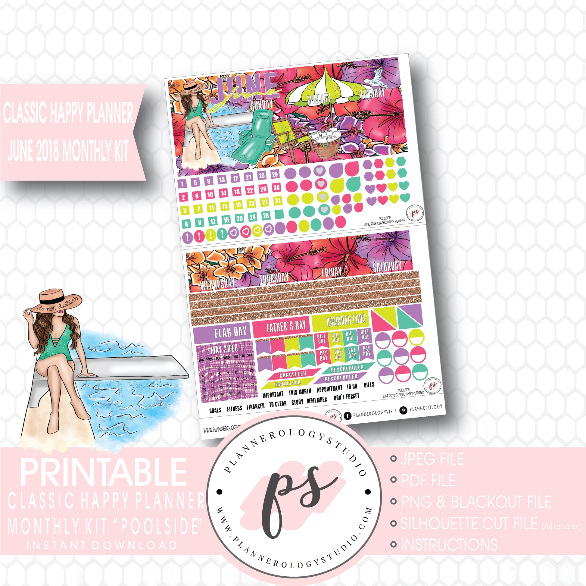 Poolside Summer June 2018 Monthly View Kit Digital Printable Planner Stickers (for use with Classic Happy Planner) - Plannerologystudio