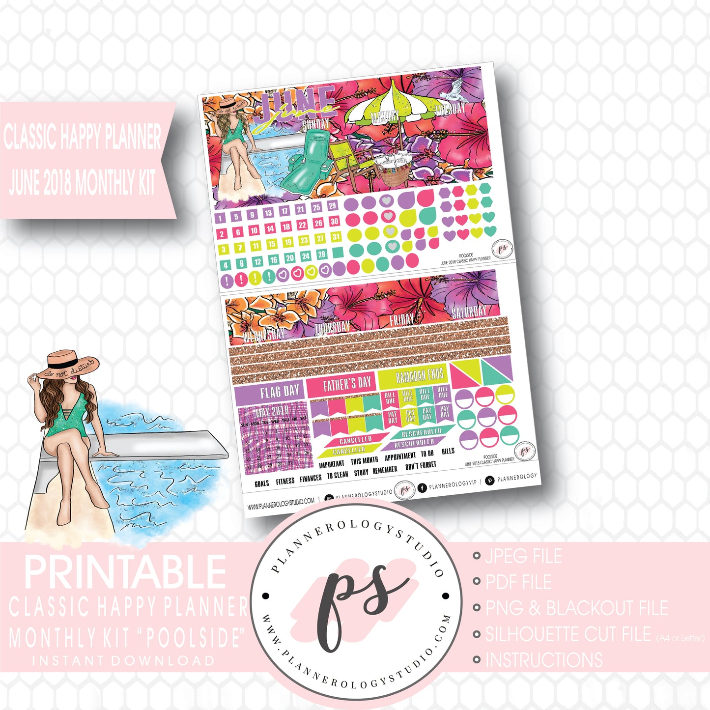 Poolside Summer June 2018 Monthly View Kit Digital Printable Planner Stickers (for use with Classic Happy Planner) - Plannerologystudio