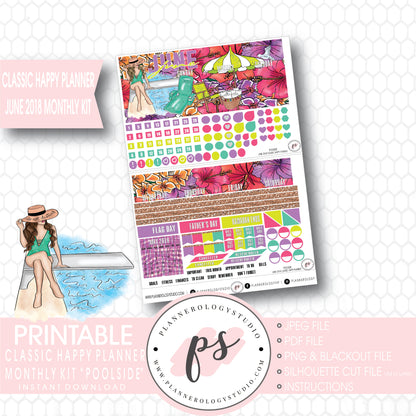 Poolside Summer June 2018 Monthly View Kit Digital Printable Planner Stickers (for use with Classic Happy Planner) - Plannerologystudio