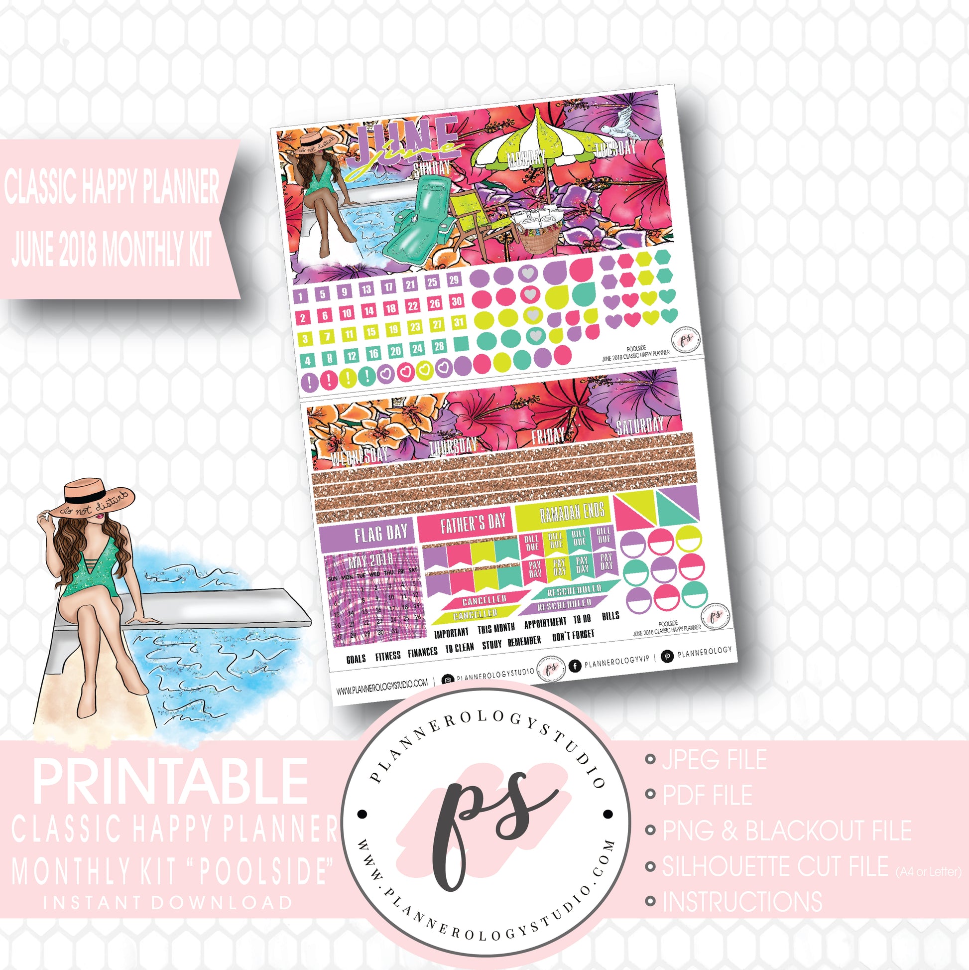 Poolside Summer June 2018 Monthly View Kit Digital Printable Planner Stickers (for use with Classic Happy Planner) - Plannerologystudio