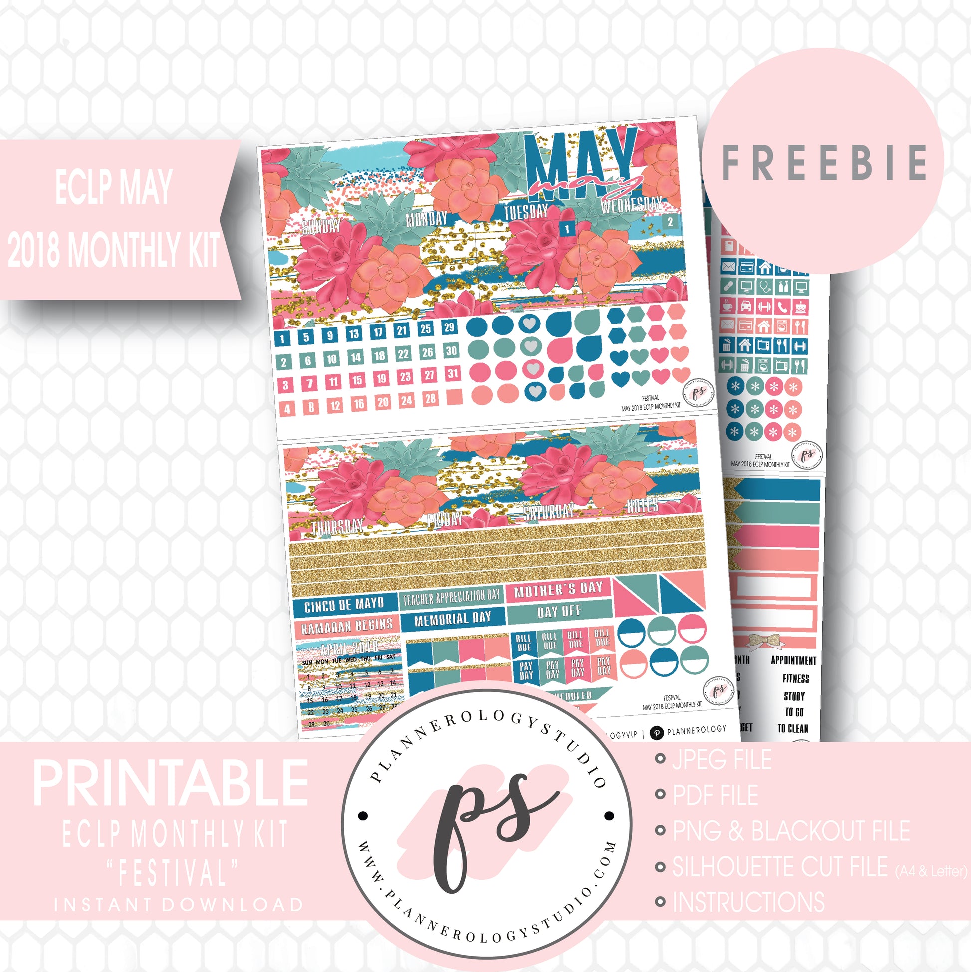 Festival ECLP Erin Condren May 2018 Monthly Kit Digital Printable Planner Stickers (PDF/JPG/PNG/Silhouette Cut File Freebie) - Plannerologystudio