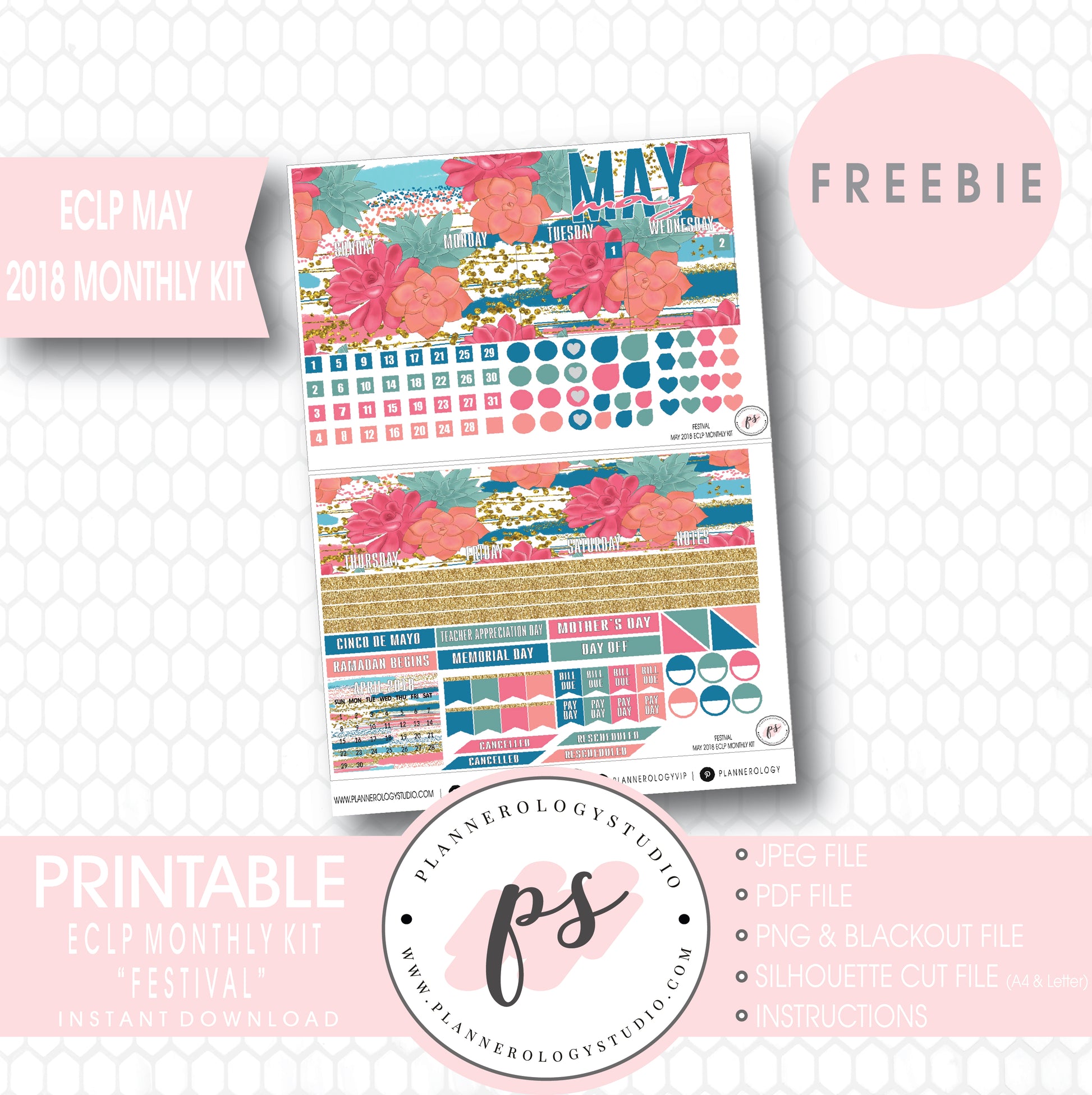 Festival ECLP Erin Condren May 2018 Monthly Kit Digital Printable Planner Stickers (PDF/JPG/PNG/Silhouette Cut File Freebie) - Plannerologystudio