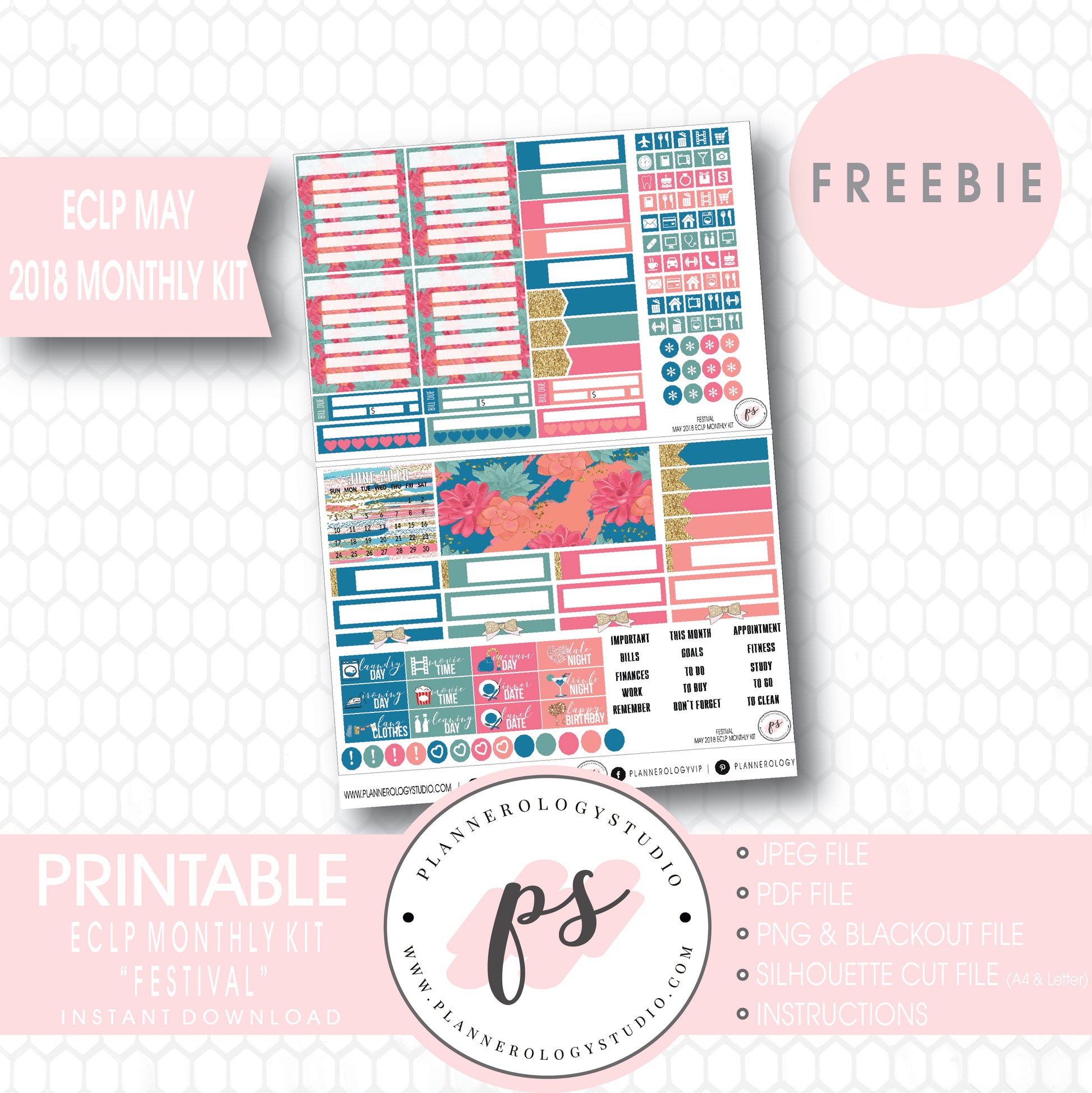 Festival ECLP Erin Condren May 2018 Monthly Kit Digital Printable Planner Stickers (PDF/JPG/PNG/Silhouette Cut File Freebie) - Plannerologystudio
