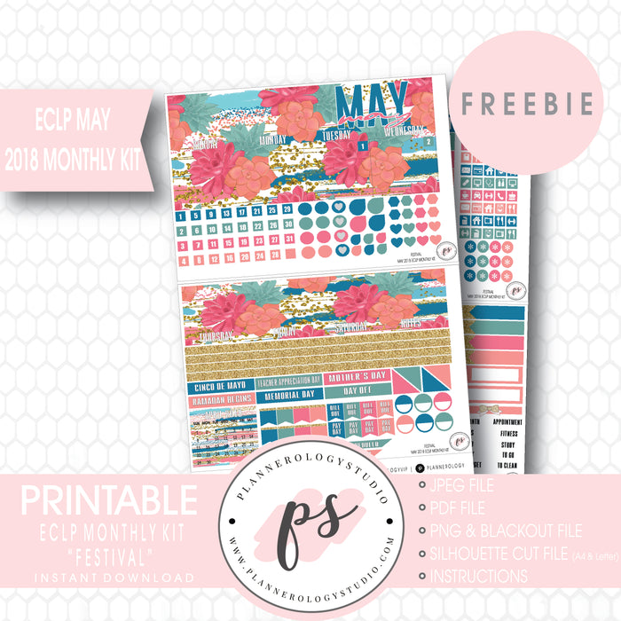 Festival ECLP Erin Condren May 2018 Monthly Kit Digital Printable Planner Stickers (PDF/JPG/PNG/Silhouette Cut File Freebie) - Plannerologystudio